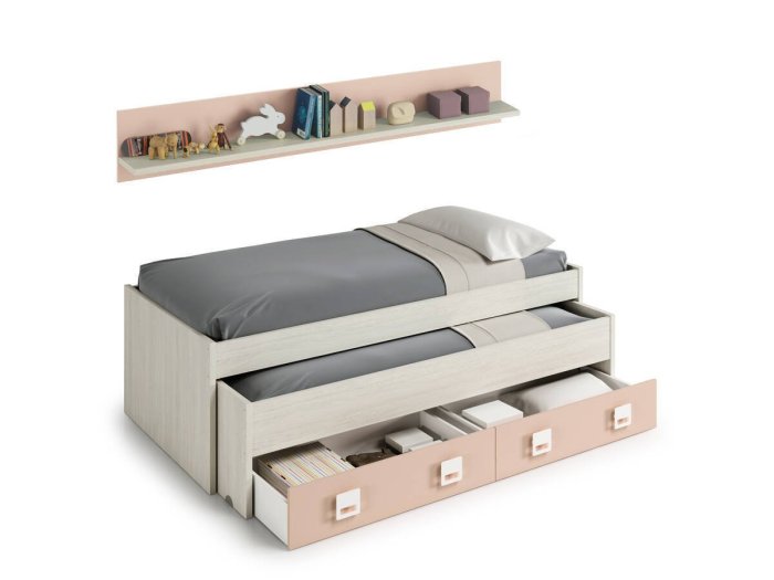 Cama doble juvenil con cajones y estante Venecia