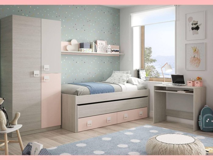 Cama doble juvenil con cajones y estante Venecia