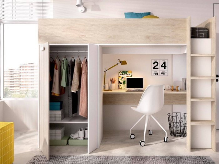 Cama elevada con escritorio y armario modelo MENTA